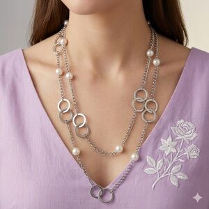 Lia Sophia Perla Del Mar Necklace | Pearl Silver Long Layered